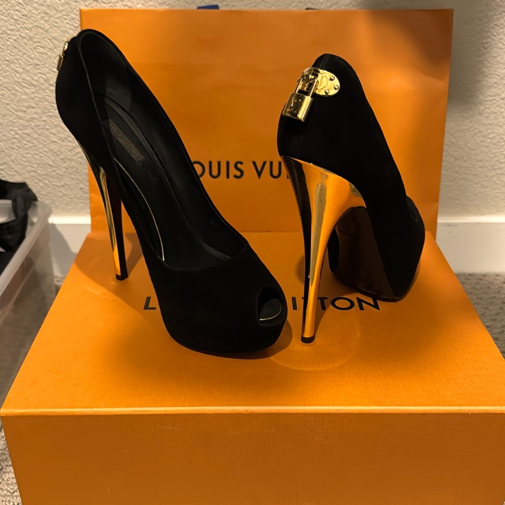 Louis Vuitton “Oh Really” Gold Lock Peep-Toe Heels